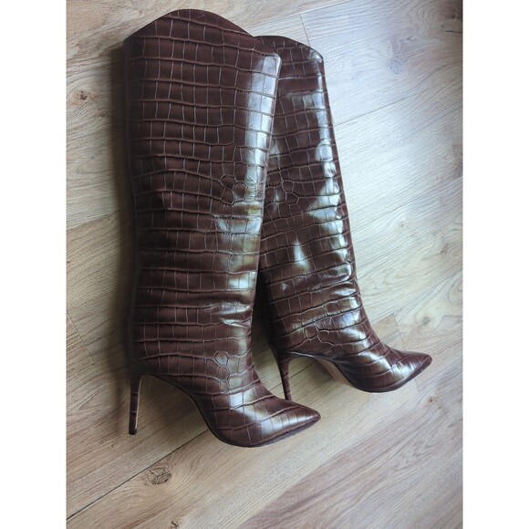 Schutz Maryana Crocodile Embossed Leather Stiletto Heel Boots Womens 8.5 - Picture 1 of 13